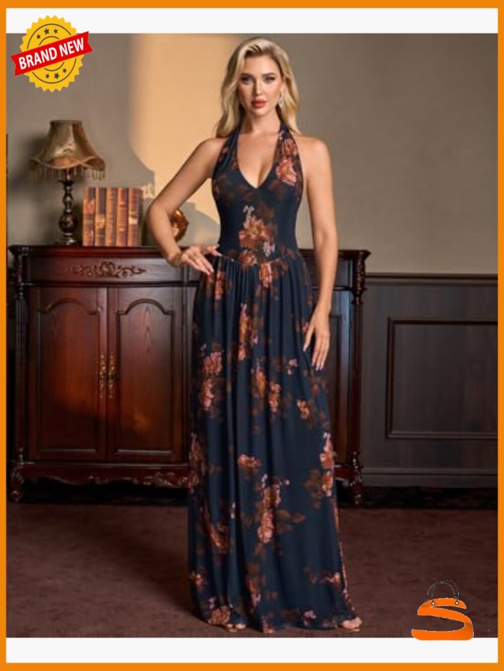 Women's Floral Halter Wedding Guest Maxi Dress V Neck Mesh Semi Formal Long - Picture 3 of 6